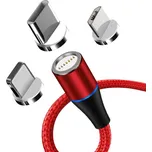 W-Star MG3BRD2 - Magnetický USB kabel 3v1, USBC, micro USB, lightning, 5A, Led, červená 2m