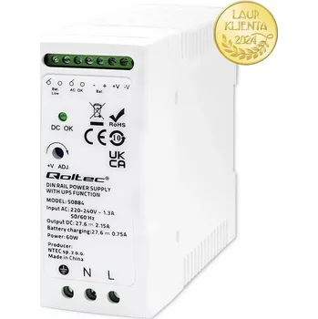 stmívač Qoltec 50884 | DIN napájecí zdroj s funkcí UPS 27,6 V DC / 60 W (Tento zdroj UPS pro montáž na DIN lištu podporuje vstupní napětí v rozsahu 220 V AC až 240 V AC. Jeho výstupní napětí je 27,6 V DC. Je také vybaven indikací slabé baterie a detekcí střídavéh