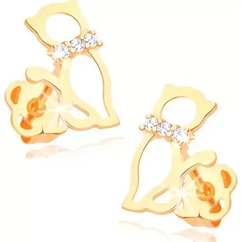Náušnice Náušnice ve žlutém 14K zlatě - obrys kočky s diamantovým obojkem