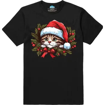Pánské tričko Pánské tričko Vánoční Kotě ve Věnci (Velikost: L, Barva: Černá)