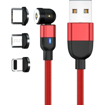 Datový kabel W-Star MG540RD1 - Magnetický USB kabel 3v1, 540° USBC, lightning, 3A, 90° červená 1m