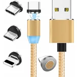 W-Star MG3GD1 - Magnetický USB kabel 3v1, USBC, micro USB, lightning, 5A, Led, zlatá 1m
