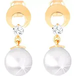Zlaté náušnice 585 - kruh s výřezem a čirým diamantem, visící bílá perla