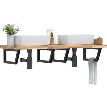 Koupelnový nábytek Deska pod umyvadlo nástěnná ocel a masivní akáciové dřevo Hnědá3302823