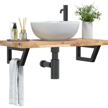 Koupelnový nábytek Deska pod umyvadlo nástěnná ocel a masivní akáciové dřevo Hnědá3302691