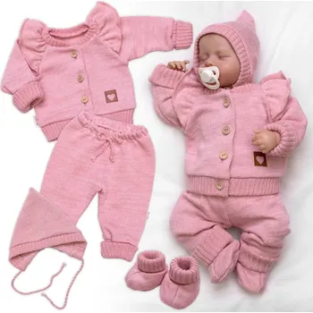 Kojenecká souprava Baby Nellys Rostoucí pletená sada 4D Girl s volánkem Love, růžová, vel. 68/74