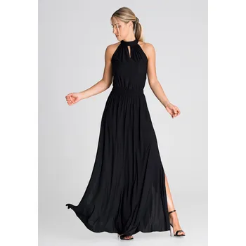 Dámské šaty Maxi šaty, pod krkem, zapínání vzadu na knoflíky M945 Barva: Černá, Velikost: XS