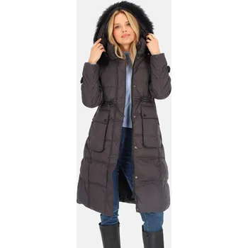 Dámský kabát Tmavě šedý dámský péřový prošívaný kabát s kožešinou na kapuci BLH 220027 FXR - dark grey Velikost: 3XL