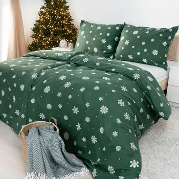Povlečení Vánoční flanelové povlečení - Sněhové vločky na zelené 140 x 200 a 70 x 90 cm