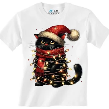 Dívčí tričko Dětské tričko Svítící Vánoční Kočka (Velikost: 9-11, Barva: Bílá)