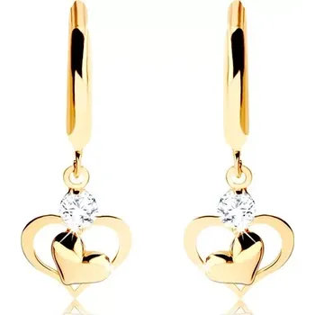 Náušnice Briliantové zlaté náušnice 585 - lesklý kruh s visícím diamantem a srdíčky