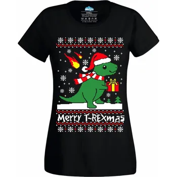 Dámské tričko Vánoční T-Rex Merry T-Rexmas (Velikost: 4XL, Barva: Černá)