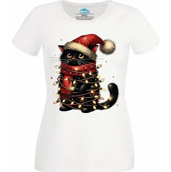 Dámské tričko Svítící Vánoční Kočka (Velikost: 4XL, Barva: Bílá)
