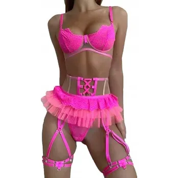 Podprsenka Dámská Sada Spodního Prádla PODPRSENKA Šaty PODVAZKOVÝ PÁS TANGA Sexy RŮŽOVÁ M