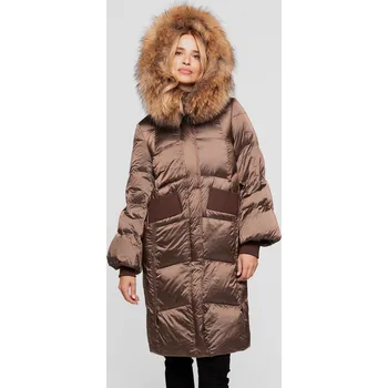 Hnědá dámská péřová bunda s přírodní kožešinou BLH 252519 FXR - brown Velikost: XL