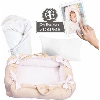 Zavinovačka Eva Kiedroňová SET 5v1 - Malý Pelíšek - Bílý mušelín / Béžová vafle + Zdarma online kurz - Hnízdění miminka v pelíšku
