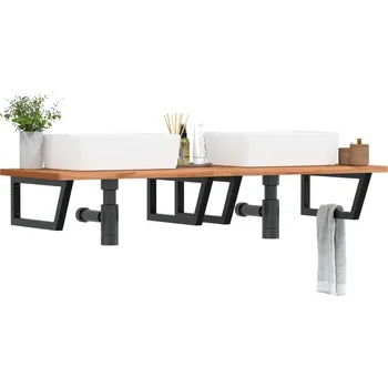 Koupelnový nábytek Deska pod umyvadlo nástěnná ocel a masivní bukové dřevo Hnědá3302459