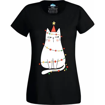 Dámské tričko Dámské tričko Ozdobená Vánoční Kočka (Velikost: 4XL, Barva: Černá)