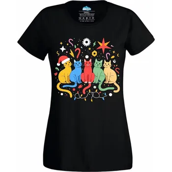 Dámské tričko Duhové Vánoční Kočky (Velikost: 4XL, Barva: Černá)