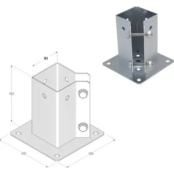 Tesařské kování DOMAX PSPA šroubovací patka sloupku se čtvercovou základnou Galvanický zinek stříbrný (ZNG) PSPA 90 - 91 x 150 x 150 x 2.0 mm (1 ks)