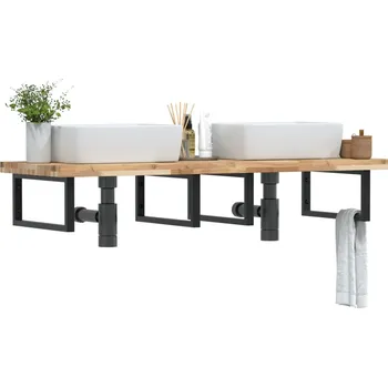 Koupelnový nábytek Deska pod umyvadlo nástěnná ocel a masivní akáciové dřevo Hnědá3302813