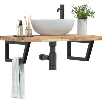 Koupelnový nábytek Deska pod umyvadlo nástěnná ocel a masivní akáciové dřevo Hnědá3302807