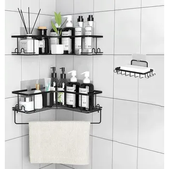 Drátěná police Sprchový set bez vrtání, rohová polička do sprchy, černá, 3 díly