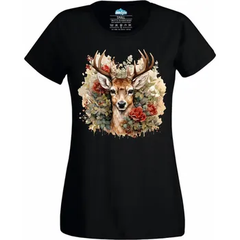 Dámské tričko Jelen mezi Květinami (Velikost: 4XL, Barva: Černá)