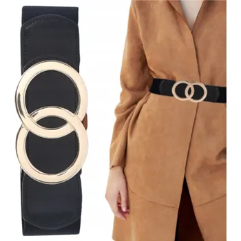 Opasek ŠIROKÝ DÁMSKÝ PÁSEK ČERNÝ SE DVĚMA ZLATÝMI KOLEČKY - 80 CM