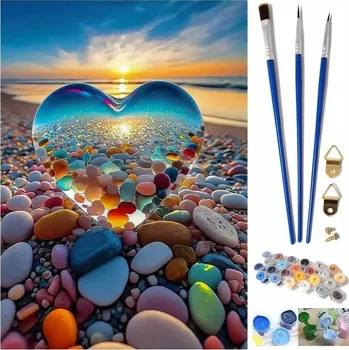 Obraz MALOVÁNÍ PODLE ČÍSEL OBRAZ 24 BAREV PLÁŽ SRDCE KAMENY 50x40 cm