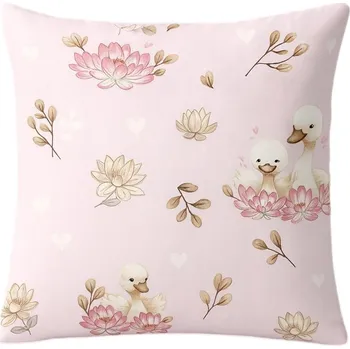 Povlak na polštářek Povlak labutě květiny jemný dívčí vzor růžový 40x40 bavlněný