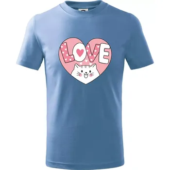 Chlapecké tričko Kočka love - růžové srdce - Tričko dětské bavlněné - 98 cm / 2 roky ( Pyžamově světlá modrá )