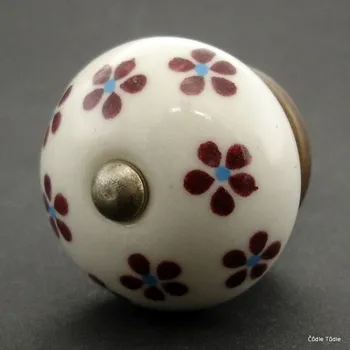 Nábytkové kování Nábytková úchytka bílá s vínovými kvítky 4 cm - knopka