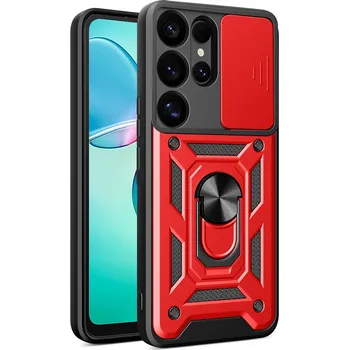 Pouzdro na mobilní telefon Hurtel Hybridní Armor Camshield s krytem kamery a kovovým kroužkem pro Samsung Galaxy S25 Ultra - červený