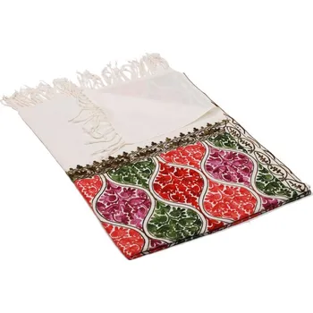 Šála Kašmírská vlněná šála Jate M smetanová s výšivkou se zelenou barvou