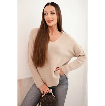 Dámský svetr Dámský svetr s viskózou a výstřihem do V tmavě béžový UNI