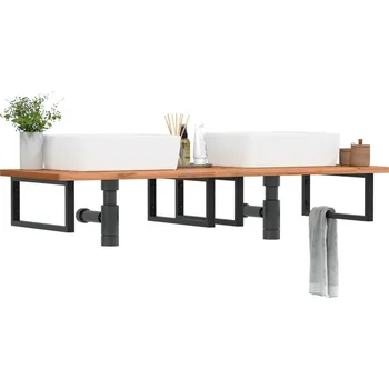 Koupelnový nábytek Deska pod umyvadlo nástěnná ocel a masivní bukové dřevo Hnědá3302457