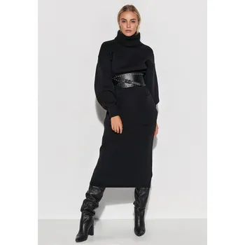 Dámské šaty Dlouhé Pletené šaty s rolákem a velkými kapsami vpředu Barva: Černá, Velikost: ONE SIZE