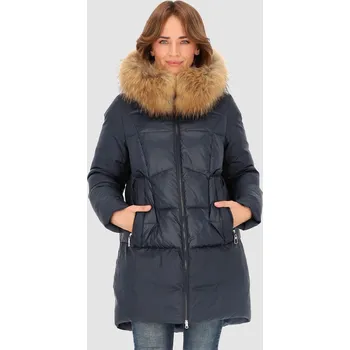 Tmavě modrá dámská asymetrická péřová bunda s prošíváním BLH 232020 FXR - dark blue Velikost: M