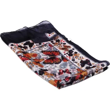 Šála Hedvábná šála s potiskem s motýlky s šedou, černomodrou a červenou