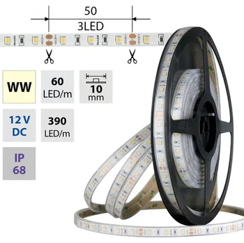 LED páska LED pásek SMD2835 WW, 60LED/m, 4,8W/m, DC 12V, 390lm/m, CRI90, IP68, 10mm, 5m