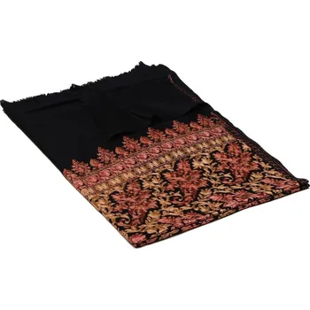 Šála Kašmírská vlněná šála vyšívaná hedvábím Tashi černá s hnědou