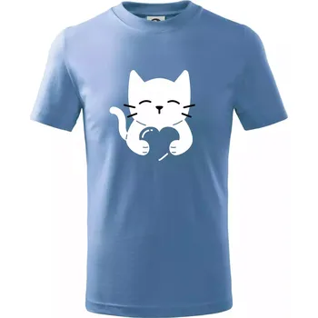 Chlapecké tričko Kočka drží srdce - Tričko dětské bavlněné - 98 cm / 2 roky ( Pyžamově světlá modrá )