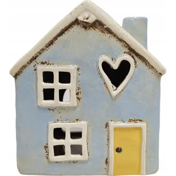 Svícen Keramický modrý domeček na čajovou svíčku - krémová střecha - keramika - 15,5 cm