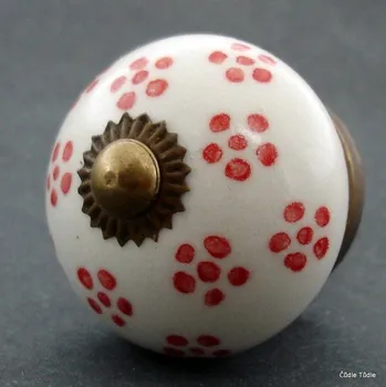 Nábytkové kování Nábytková úchytka bílá s drobnými červenými kvítky 4 cm - knopka