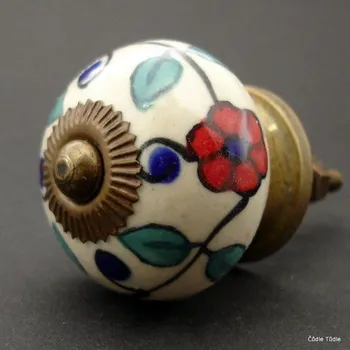 Nábytkové kování Nábytková úchytka krémová s kresbou květin 4 cm - knopka