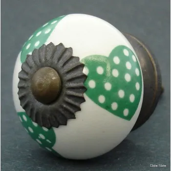 Nábytkové kování Nábytková úchytka bílá se zelenými srdíčky 3,7 cm - knopka