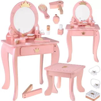 Dřevěná hračka Dřevěná královská toaletka s zrcadlem, stoličkou a doplňky pro děti