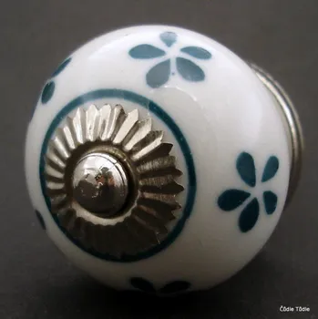 Nábytkové kování Nábytková úchytka bílá s tmavě zelenými kytičkami 4 cm - knopka