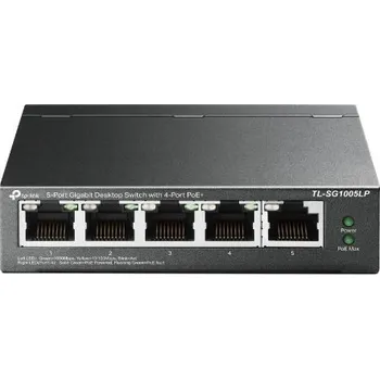 Switch TP-LINK 5-Port Gigabit Desktop Switch with 4-Port PoE+ PORT: 4× Gigabit PoE+ Ports, 1× Gigabit Non-PoE Port SPEC: 802.3af/at, TL-SG1005LP